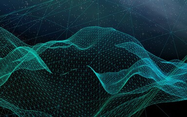 Abstract landscape on a dark background. Cyberspace grid. hi tech network. Outer space. Starry outer space texture. 3D illustration