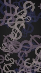 Gray translucent dollar signs on dark background. Gray tones. 3D illustration