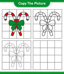 Copy the picture, copy the picture of Candy Canes with Ribbon using grid lines. Educational children game, printable worksheet, vector illustration