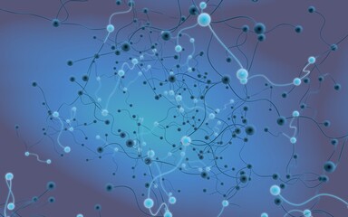 Neural network. Social network. Futuristic blue background. Abstract molecule, cell illustration, mycelium. Hi tech purple background. 3D illustration