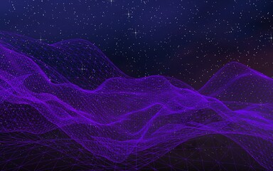 Abstract ultraviolet landscape on a dark background. Purple cyberspace grid. hi tech network. Outer space. Violet starry outer space texture. 3D illustration