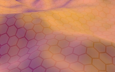 Colorful honeycomb with a gradient color on a light background. Perspective view on polygon look like honeycomb. Wavy surface. Isometric geometry. 3D illustration