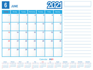 June 2021 Calendar Monthly Planner Design