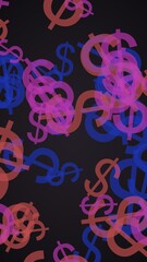 Multicolored translucent dollar signs on dark background. Red tones. 3D illustration