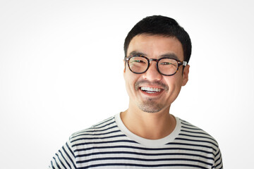 asian man portrait young male wear eye glasses smiling cheerful look thinking position with perfect clean skin posing on white background.fashion people life style concept