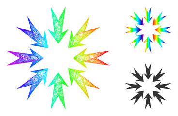 Rainbow vibrant net mesh pressure arrows, and solid rainbow gradient pressure arrows icon. Linear carcass 2D network abstract symbol based on pressure arrows icon, is generated with crossing lines.