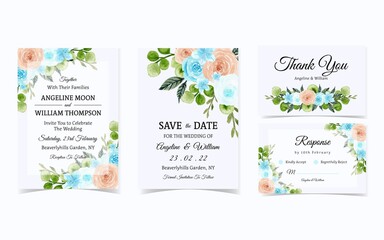 Elegant Blue And Peach Roses Wedding Invitation Set