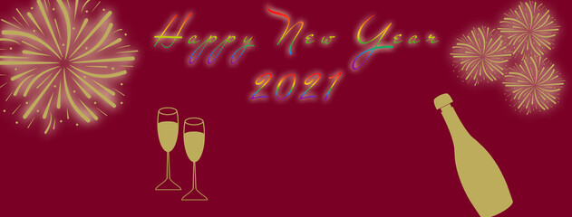 New year celebration banner with text in rainbow colors  on cherry background.