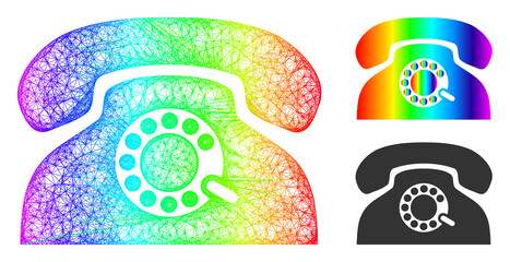 Spectral vibrant net mesh pulse phone, and solid spectrum gradient pulse phone icon. Crossed carcass 2D net abstract image based on pulse phone icon, is made with crossed lines.