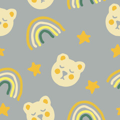 cute bears, stars and rainbow seamless pattern in trending color 2021. vector hand drawn. childrens wallpaper, textiles, decor. gray, gold, yellow.