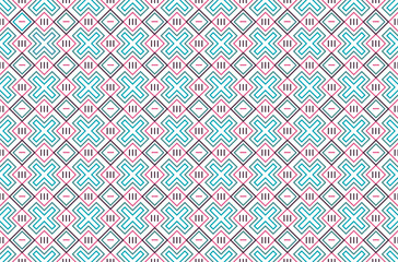 Embroidered pattern Vector illustration. Blue, burgundy and pink stitch on white background. Abstract stitch pattern in Thai hill tribe style. Idea for printing on fabric, cloth design or wallpaper.