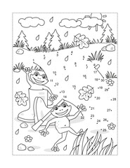 Umbrella and happy playful frogs connect the dots puzzle and coloring page. Full page activity sheet for kids. Learning or reinforcing math basics of numbers and order.

