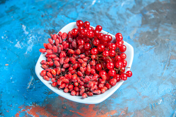 bottom view currants and barberries in white plate on blue red background