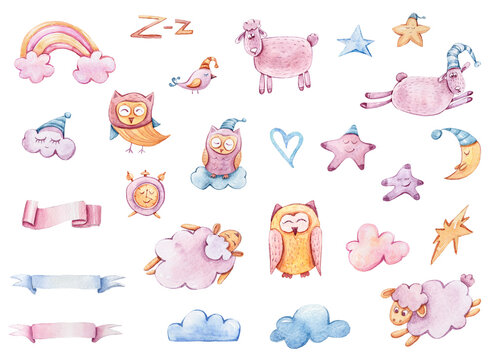 Watercolor Valentines day clipart set-cute sheep, rainbow,clouds, owl, bird, moon, stars. Hand painted cute nursery ilustration on white background. Can be used for baby shower, patterns, print