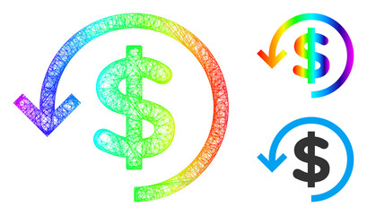 Rainbow colorful crossing mesh refund, and solid rainbow gradient refund icon. Linear carcass flat net abstract symbol based on refund icon, made from crossing lines.