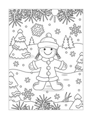 Gingerbread girl in winter scene coloring page, poster, sign or banner black and white activity sheet 
