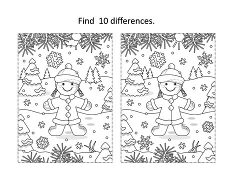 Find 10 differences visual puzzle and coloring page with gingerbread girl
