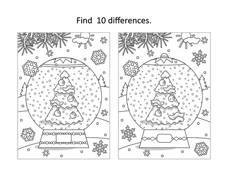 Find 10 differences visual puzzle and coloring page with winter holidays, New Year or Christmas snowglobe with christmas tree 
