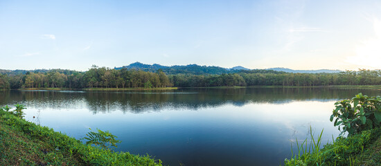 beautiful panorama landscape of mountain lake under the morning sunlight at Chet Kod-Pong Kon Sao,...