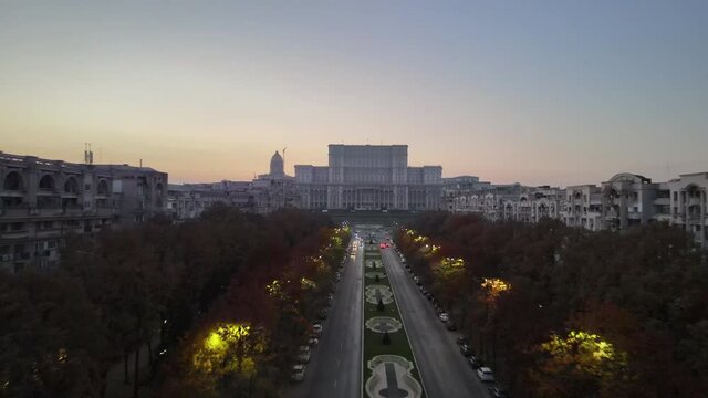 Parliament of Romania, central administration landmark tourism monument. Communism history sunset skyline