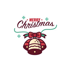 Merry Christmas graphic for card, banner, poster. Christmas decoration with Bell and bow with lettering. flat design vector illustration