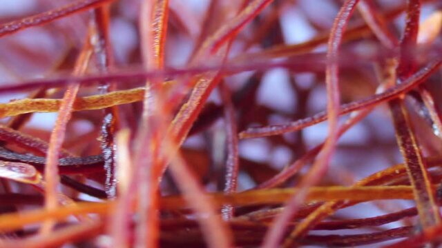Macro view of dried saffron red stigma threads