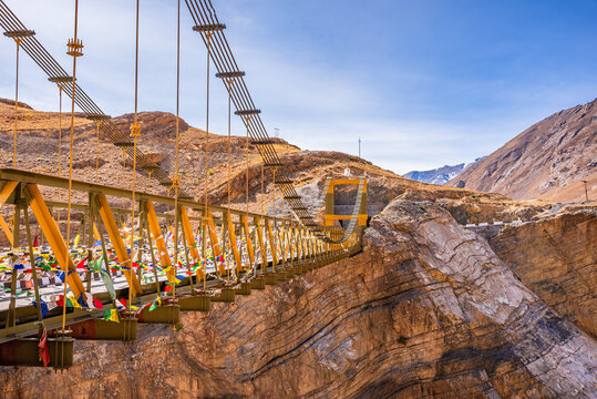 Chicham bridge is suspension stiffened steel truss bridge at altitude of 4145m over 1000 feet gorge of 'samba lamba' rivulet connecting Chicham & kibber villages in Spiti valley of Himachal Pradesh.