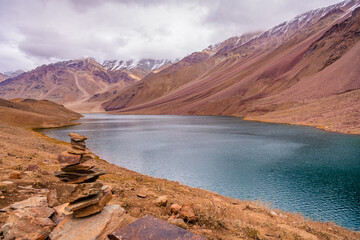 Beautiful landscape at Chandratal or  Lake of the moon is a high altitude lake located at 4300m in Himalayas of Spiti Valley, Himachal Pradesh, India.