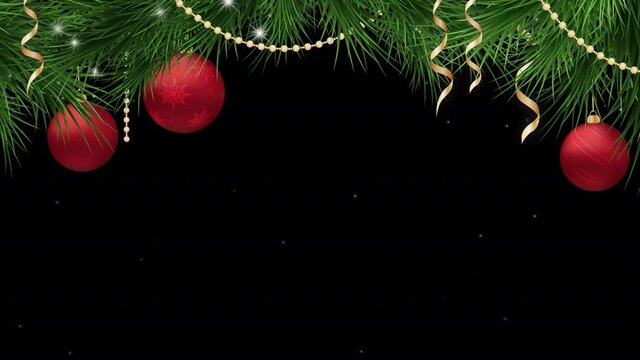 Christmas and New Year frame loop with red holiday ornaments, ribbons and Christmas tree on an alpha channel , motion graphics