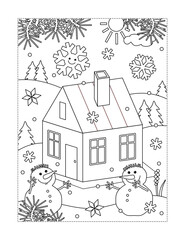 Coloring page with small house, or cabin, in winter scene and two snowmen
