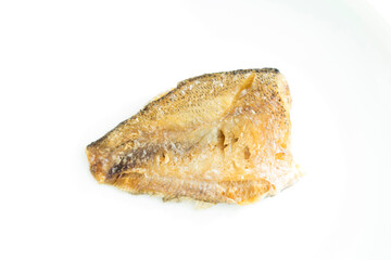 Deep Fried Trichogaster pectoralis fish on white background.