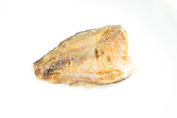 Deep Fried Trichogaster pectoralis fish on white background.