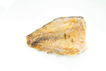 Deep Fried Trichogaster pectoralis fish on white background.
