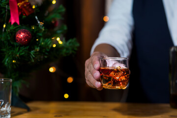 Bartender Serve Whiskey, on wood bar, 