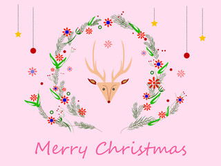 Rose Background Merry Christmas Greeting Filled with Deer Head, Leaves and Flowers