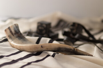 A shofar is placed on a tallit, next to tefillin (religious objects for the holidays)