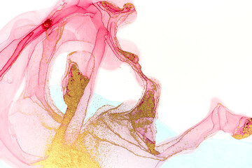 Pink abstract drops with gold particles on white background. Transparent watercolor stains texture.