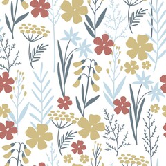 Handdrawn leaves house and wildflowers. Wild flowers in a modern style. Seamless pattern for home decor and textile.
