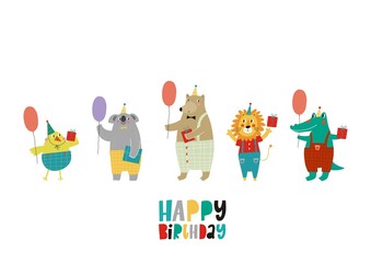 Obraz na płótnie Canvas Cute happy birthday card with funny animals. Happy Birthday animas vector print. Cartoon character bird, koala, bear, lion, crocodile