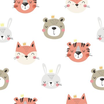 Cute cartoon animals face - fox,bunny, bear, tiger. Hand drawn animals seamless pattern for baby
