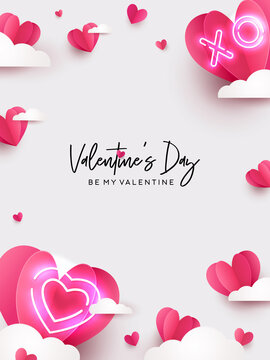 Valentines Day modern design for website banner, Sale, Valentine card, cover, flyer or poster in paper cut style with cute flying Origami Hearts over clouds and neon lighting heart on white background