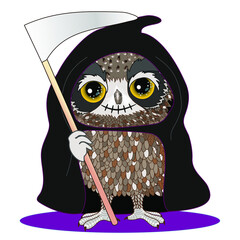 owl emoticon or emoji of angel of death in hood with a scythe, smiling grim reaper, with dark eyes and stitched laughing mouth, hand drawn cartoon character