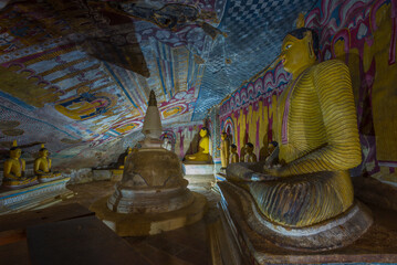 Interior of ancient cave Buddhist temple of Rangiri Dambulu Raja Maha Viharaya (Golden Temple). Dambulla, Sri Lanka