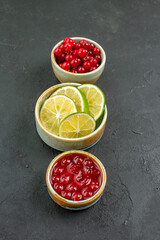front view fresh lemon slices with berries on dark background fresh photo color