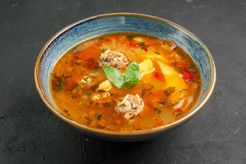front view delicious soup with meatballs and potatoes on dark background dish photo meal food