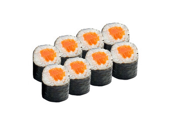 Appetizing rolls isolated on a white background. Close-up. Japanese food concept.