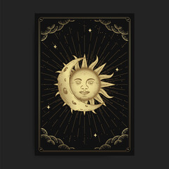 Moon and Sun. Magic occult tarot cards, Esoteric boho spiritual tarot reader, Magic card astrology, drawing spiritual posters.