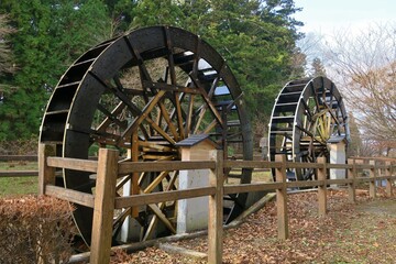 Waterwheels near Kamiimaichi station in Nikko, Tochigi, Japan. December 10, 2020
