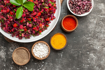 top view vinaigrette salad with beet and beans on grey background food salad