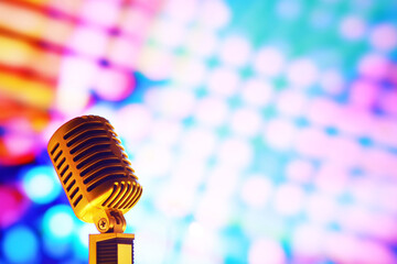 Fototapeta na wymiar Retro style microphone on background backlight. Vintage Microphone for sound, music, karaoke. Speech broadcast equipment. Live pop, rock musical performance. Selective focus